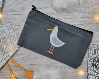 Cliff The Seagull Zipped Canvas Makeup Bag - Canvas Pencil Case - Canvas Bits & Bobs Bag - Cosmetic Bag - Toiletry Bag -  Travel Bag