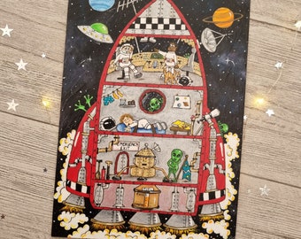 Space Rocket Wooden Sign - Space Wall Art Decoration - Quirky Space Ship - Space Explorers Vessel