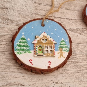 Gingerbread House Christmas Log Slice Hanging Decoration Christmas Wood Slice Christmas Gingerbread House Wood Slice Decoration image 4