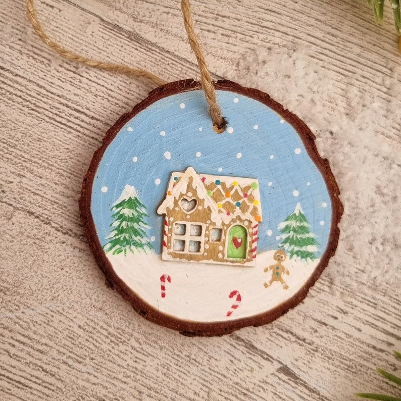 Gingerbread House Christmas Log Slice Hanging Decoration Christmas Wood Slice Christmas Gingerbread House Wood Slice Decoration image 3