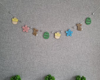 Egg, Rabbit, Chick, Flower & Stars Easter Garland - Easter Bunting Of Decorated Wooden Egg, Bunny and Chick Characters  - Easter Decorations