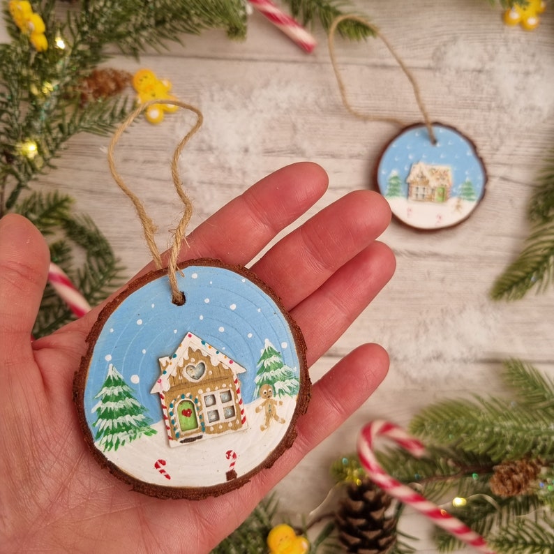 Gingerbread House Christmas Log Slice Hanging Decoration Christmas Wood Slice Christmas Gingerbread House Wood Slice Decoration image 2