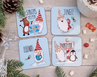 Santas Helper, Jingle, Eggnog & North Pole Christmas Coaster Set - Set Of 4 Coasters - Christmas Tableware -  Gonk Reindeer Penguin Presents