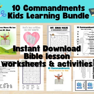 May include: A printable bundle of 10 Commandments worksheets and activities for kids. The bundle includes a maze, word search, memory game, and visual posters. The image shows a variety of colorful worksheets with illustrations of Moses and the Ten Commandments.