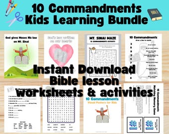10 Commandments Activities and Worksheets, Printable Bible Lesson, Matching Memory Game, Word Search, Maze, Posters, Sunday School Lesson