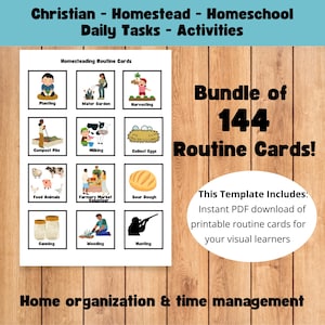 Peut inclure: Un ensemble de 144 cartes de routine imprimables pour les apprenants visuels. Les cartes présentent des illustrations de tâches d'exploitation agricole, telles que la plantation, la traite et la collecte d'œufs. Le texte "Bundle of 144 Routine Cards!" est affiché en gros caractères gras. Le texte "This Template Includes: Instant PDF download of printable routine cards for your visual learners" est également inclus. Le texte "Home organisation & time management" est affiché en bas de l'image.