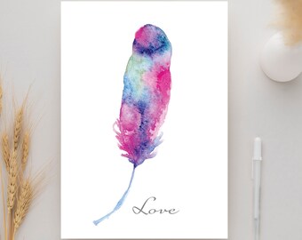 Watercolor Feather Instant Digital Download Blank Card Original Hand Painted Watercolor Feather Art Print 5x7 Wall Art All Occasion Card