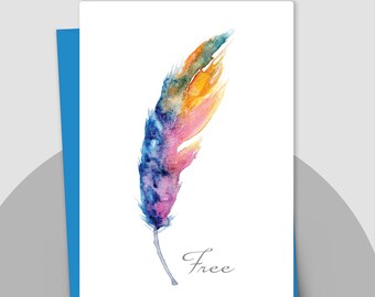 Watercolor Feather Instant Digital Download Blank Card Original Hand Painted Watercolor Feather Art Print 5x7 Wall Art All Occasion Card