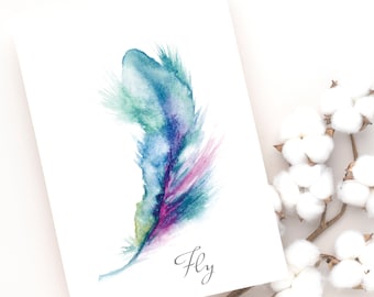 Watercolor Feather Instant Digital Download Blank Card Original Hand Painted Watercolor Feather Art Print 5x7 Wall Art All Occasion Card