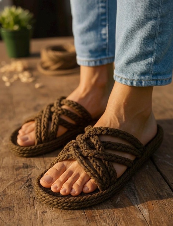 Men’s Handmade Rope Sandals – Bohemian Summer Shoes, Vegan Beach Flats, Comfortable Summer Footwear