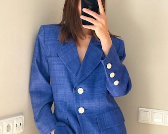Yves Saint Laurent Rive Gauche Blue Silk Blazer S-M Vintage Tailored