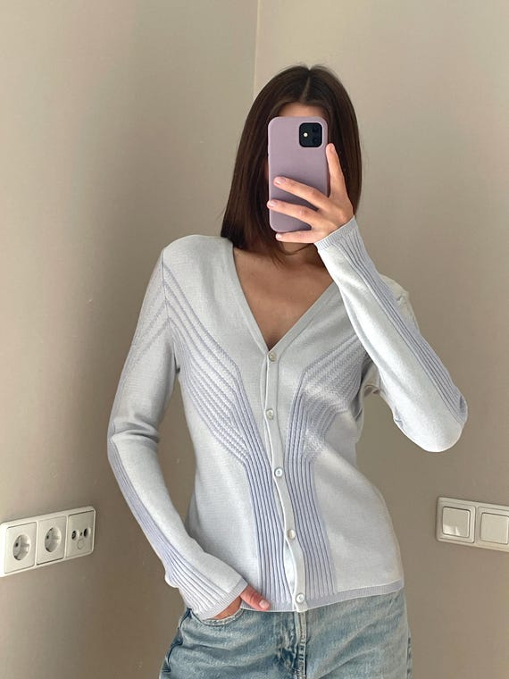 Mugler, Mugler Vintage Pastel Blue Metallic Cardigan – 90s Lilac Shimmer Knit V Neck Sweater M