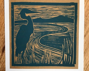 The River - Great Blue Heron block print linocut - ink on brown paper, mounted on white paper.