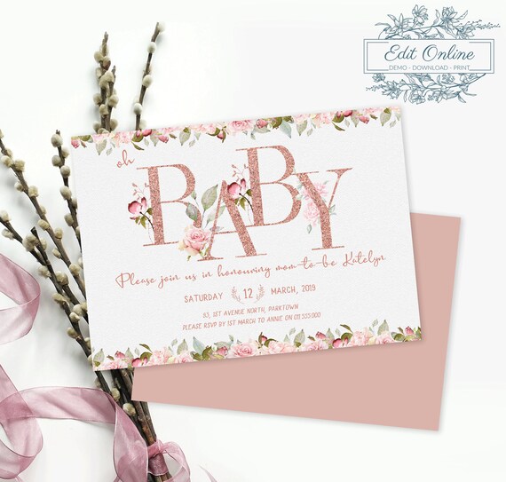 Baby Shower Invitation in Rose Gold and Floral, Printable Template, Instant Download, Invite - DIY Printing Il_570xn
