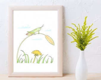 Insect Wall Art digital file Locust and Dandelion flower to download baby art print nature decor ideas