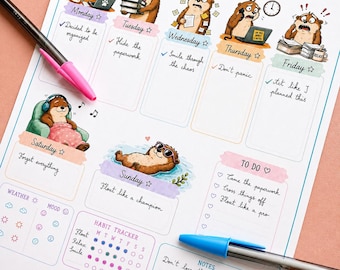 Lot de planner semainier Loutre | 7 mises en page imprimables | Suivi des habitudes | Bien-être | PDF et PNG | A4