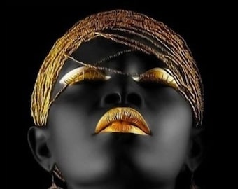 Golden Lips Black Woman Canvas Art, Contemporary Portrait