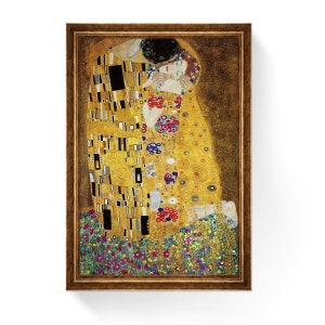 De kus Gustav Klimt reproductiecanvas, Klimt ingelijst canvas, MDF-lijst