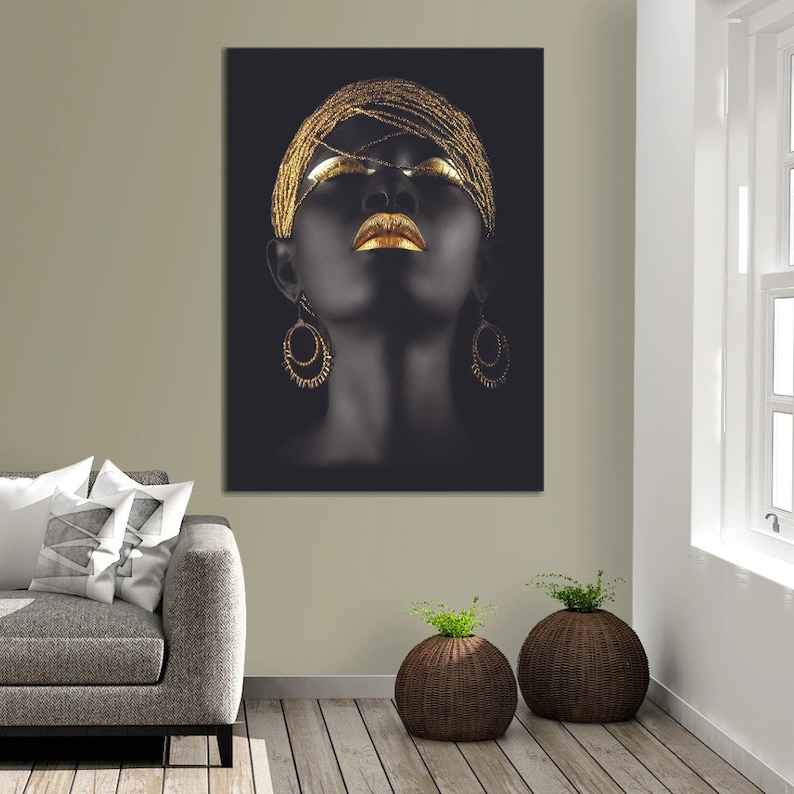 Golden Lips Canvas Art, Black Woman Wall Decor, Contemporary Art ...