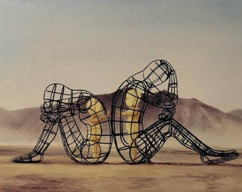 Skulptur av det inre barnet, skulptur av brinnande mannen, glödande det inre barnet, handgjord oljemålning, väggkonst på duk, reproduktion av oljemålning