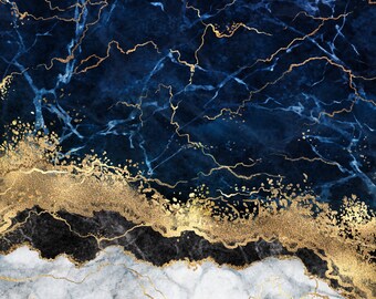 Blue Gold Marble Canvas Print, Abstract Oversize Wall Art