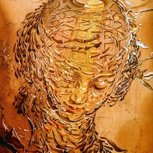 May include: A surrealist painting of a face with a golden, textured, and fragmented appearance. The face is surrounded by a swirling, abstract background.