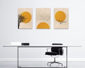 Sun Silhouette Print Set, Scandinavian Minimalist Orange Wall Art
