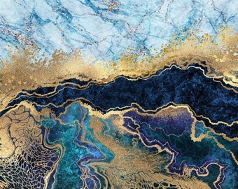 Blue Marble Canvas Print, Gold Veins, Abstract Wall Art