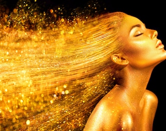 Golden Woman Portrait, Beauty Art Print, Organic Cotton Canvas
