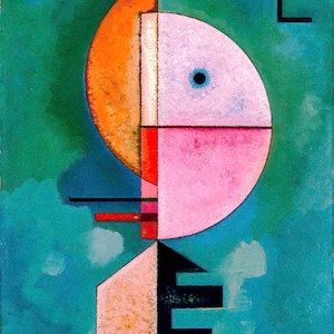 May include: Abstract geometric painting with a circle, a square, and a rectangle. The circle is divided into four sections, each painted in a different color: orange, white, pink, and blue. The square is painted in black and white, and the rectangle is painted in black and white. The background is a teal green color.