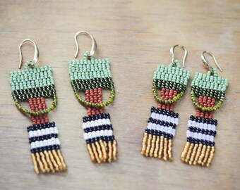 Sap Green/Terracotta/Gold Fringe/B&W stripes/Nature inspired beaded earrings/Unique statement jewelry/Designed and handmade by LIGHTDUST