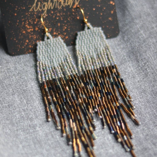 Golden/Bronze Bugle bead/Amber/Long Grey Fringe/Earthy color seedbead earrings/Unique statement jewelry/Designed and handbeaded by LIGHTDUST