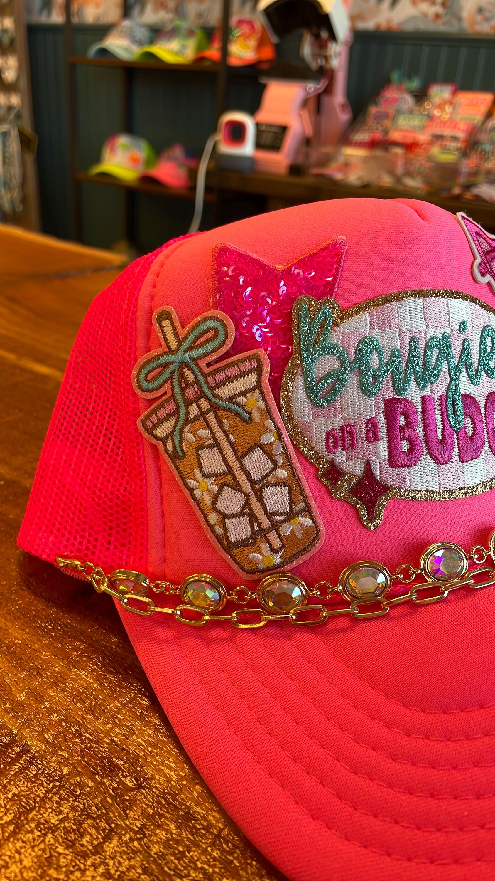 Bougie as can Bee Gold & Sparkle Embroidered Trucker Hat with Feather Trim Can you guess who we main image 2