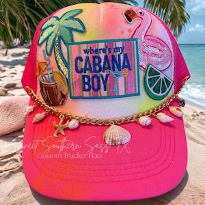 Cabana Boy Tie Dye Trendy Summer Trucker Hat with Flamingo Patch and Sea Shell Chain