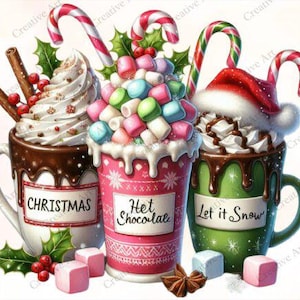 May include: Three mugs of hot chocolate decorated for Christmas. The mugs are filled with whipped cream, marshmallows, and chocolate sauce. The mugs are decorated with candy canes, holly, and the words "Christmas", "Het Chocolade", and "Let it Snow".