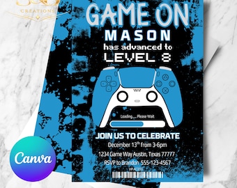 Gaming Birthday Invitation Editable in Canva | Boy Gamer Party Invite | Video Game Birthday Printable Digital Invitation