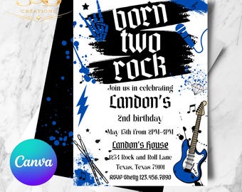 Born Two Rock Birthday Invitation Editable in Canva | Second Birthday Party Invite | Toddler Birthday Printable Digital Invitation
