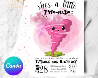 TwoNado Birthday Invite | Editable Canva 2nd Birthday Invitation | Two Nado Girl Party Digital Printable