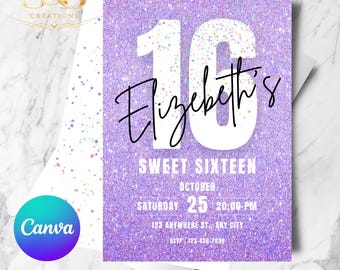Glitter Purple Sweet 16 Invitation | Editable Canva Template | Girly Glam Birthday Invite | Instant Download