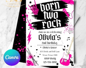 Born Two Rock Birthday Invitation Editable in Canva | Second Birthday Party Invite | Toddler Birthday Printable Digital Invitation