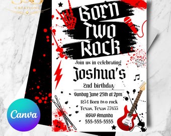 Born Two Rock Birthday Invitation Editable in Canva | Second Birthday Party Invite | Toddler Birthday Printable Digital Invitation