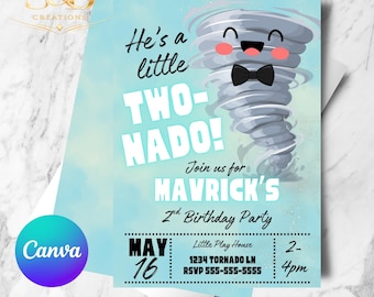 He’s a Little TwoNado Birthday Invite | Editable Canva 2nd Birthday Invitation | Two Nado Boy Party Digital Printable