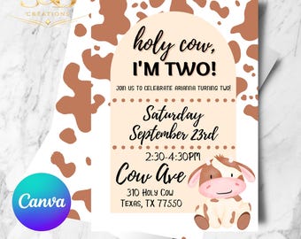 Holy Cow I’m Two Birthday Invitation | Farm Party Editable Canva Template (Digital Download)