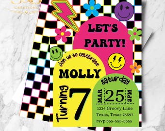Groovy Birthday Invitation| Funky/Smiley Birthday Invitation | Editable Canva Template | Party Invite (Digital Download)