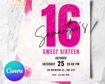 Pink Glitter Sweet 16 Invitation | Editable Canva Template | Girly Glam Birthday Invite | Instant Download