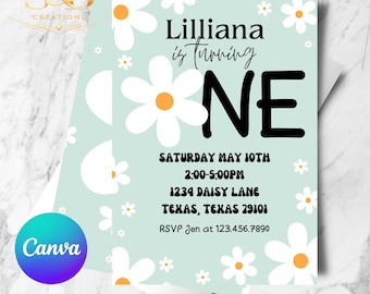 Daisy First Birthday Invitation | Editable Canva Template | Floral Baby Girl Invite | Instant Download