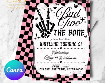 Bad Two The Bone Birthday Invitation Editable in Canva | Second Birthday Party Invite | Toddler Birthday Printable Digital Invitation