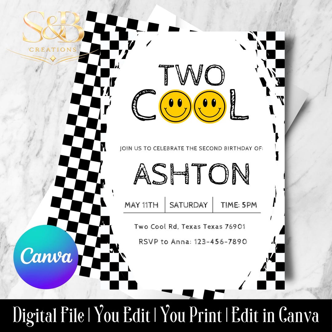 Invited Cool Two Cool Birthday Invitation Editable in Canva | Second Birthday Party ...