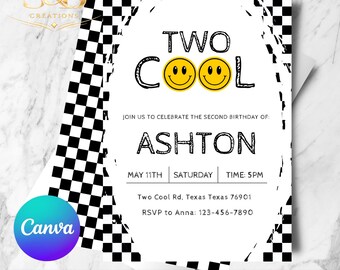 Two Cool Birthday Invitation Editable in Canva | Second Birthday Party Invite | Toddler Birthday Printable Digital Invitation