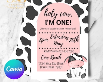 Holy Cow I’m One Birthday Invitation Editable in Canva | First Birthday Farm Party Invite | Printable Digital Invitation
